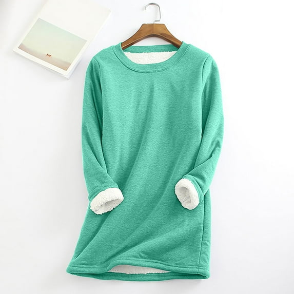 Jacenvly Winter Women's Casual Plush-lined Thermal Solid Color Thickened Tops Crew Neck Long Sleeve Sweatshirt
