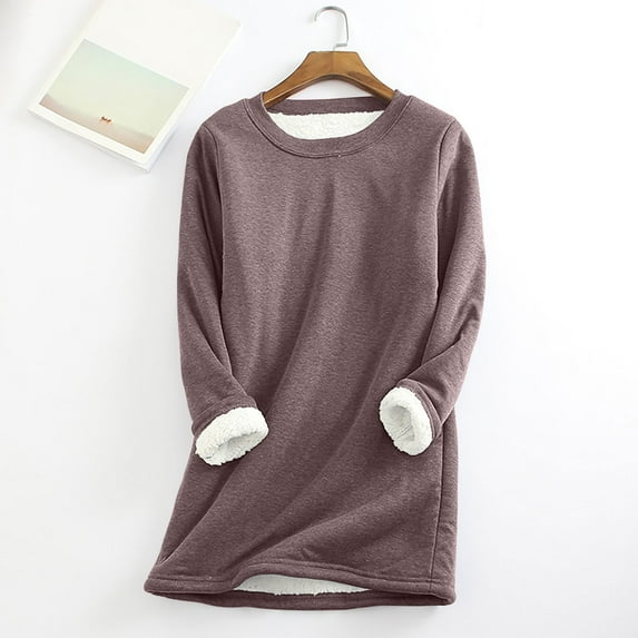 Jacenvly Winter Women's Casual Plush-lined Thermal Solid Color Thickened Tops Crew Neck Long Sleeve Sweatshirt