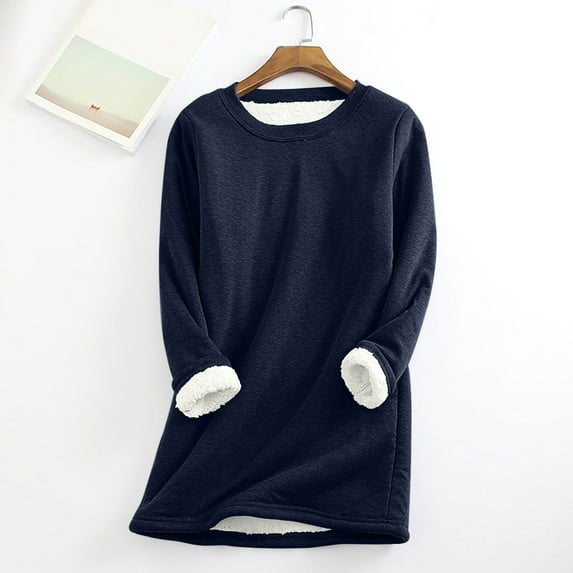 Jacenvly Winter Women's Casual Plush-lined Thermal Solid Color Thickened Tops Crew Neck Long Sleeve Sweatshirt