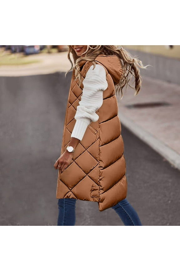 Winter Women's Long Down Vest Zipper Puffer Ladies Warm Pocket Hooded Coat Maxi Jacket Activewear Sleeveless Down Parkas