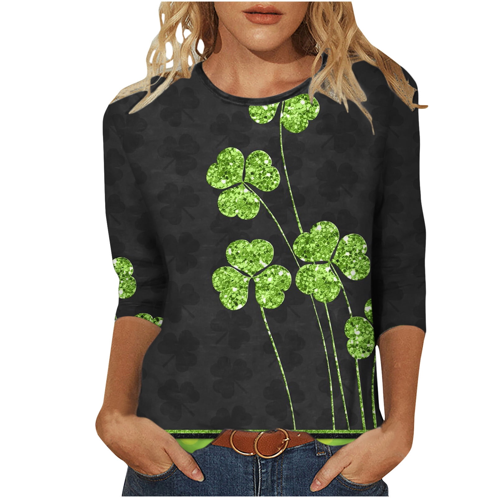 Jacenvly Woman Leisure Crew Neck Printing Blouse 3/4 Sleeve T-Shirt Summer Quality Guaranteed! Birthday Gifts for Women Clearance Items for Women