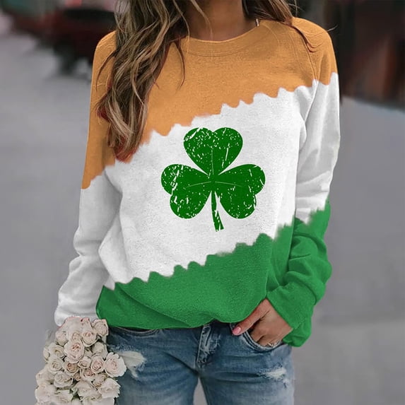 Jacenvly Women Casual St. Patrick'S Day T Shirt Ladies Green O-Neck Jumper Long Sleeves Blouse Shamrock Ireland Clover Tops New Style Birthday Gifts for Women Items for Women, Sweaters