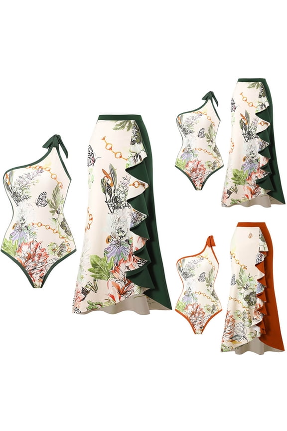 Women One Piece Swimsuit with Long Skirt Two-Piece Set Trendy Sleeveless Floral One Shoulder Neck Surfing Swimwear Lightweight Orange