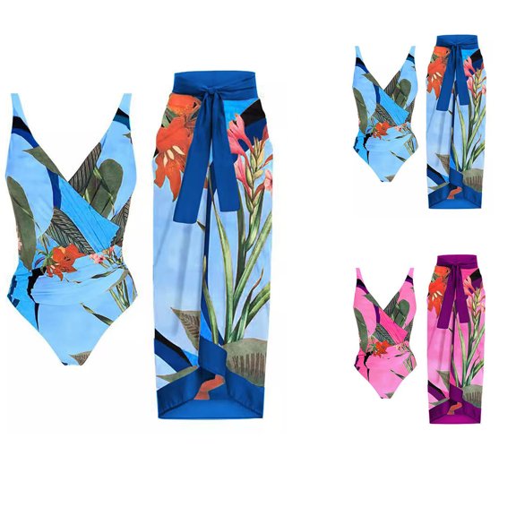 Jacenvly Women One Piece Swimsuit with Long Skirt Two-Piece Set Cozy Sleeveless Floral V-Neck Surfing Swimwear Quick Drying Purple