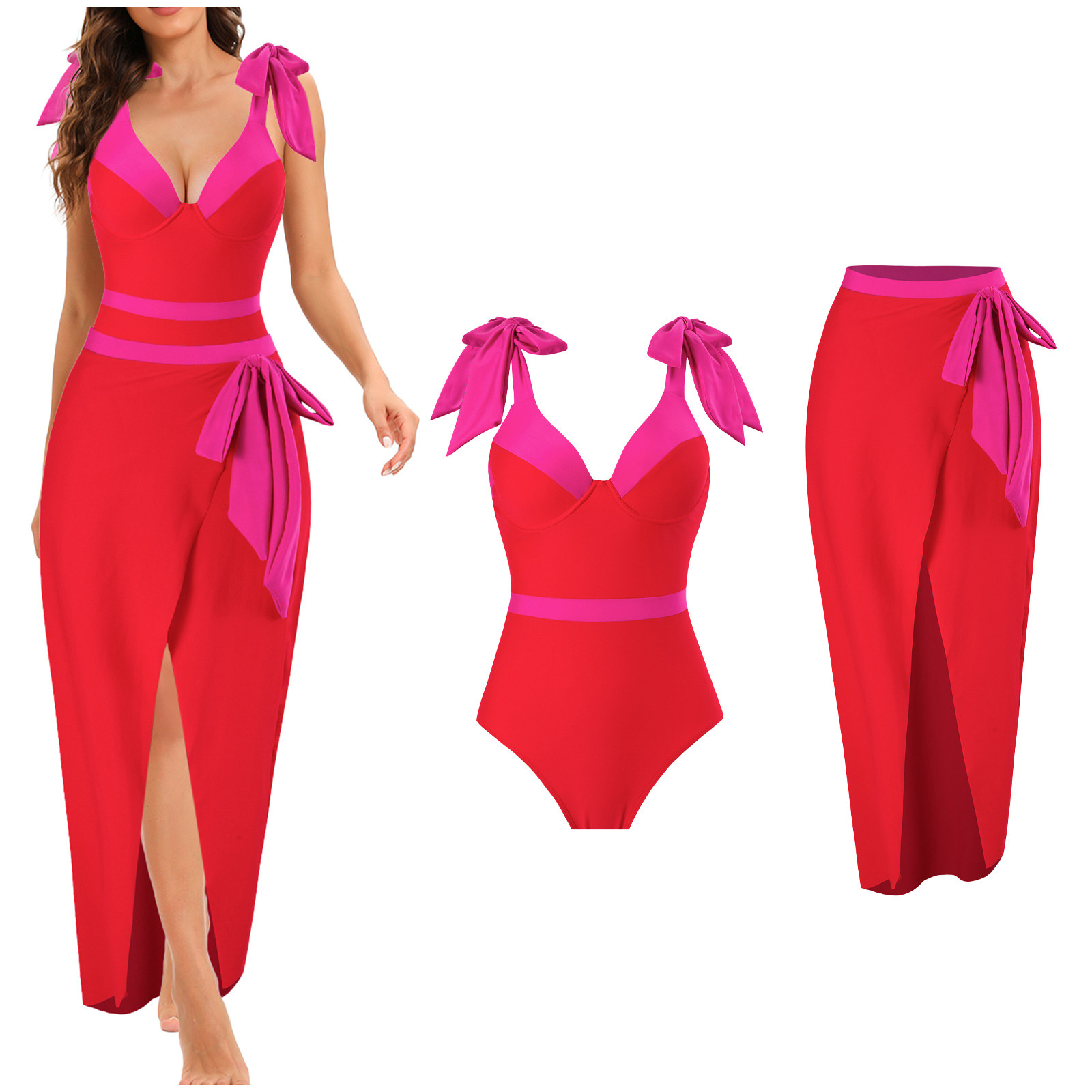 Jacenvly Women One Piece Swimsuit with Long Skirt TwoPiece Set