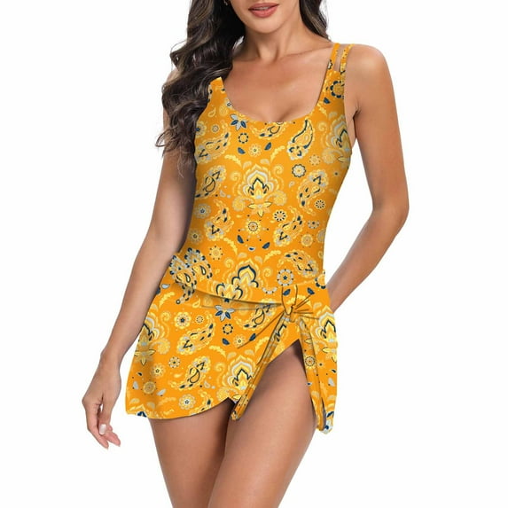 Jacenvly Women'S Plus Size Two Piece Clearance Casual Sleeveless Swimsuit Floral V-Neck Surfing Swimwear Lightweight Women'S Multi-Color Printed Swimsuit Tight Fitting and Gathering Swimsuit Yellow