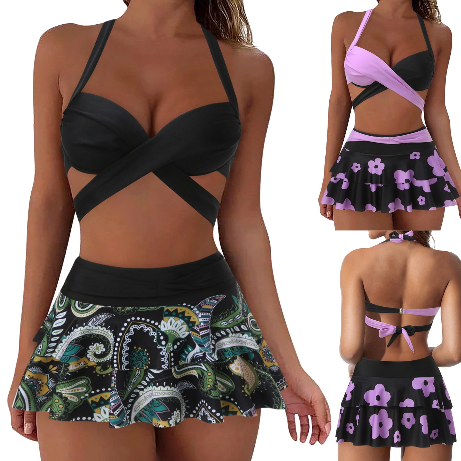 Black Plus Size Ribbed Contrast Trim Adjustable Straps 2pcs Swimsuit main image 1