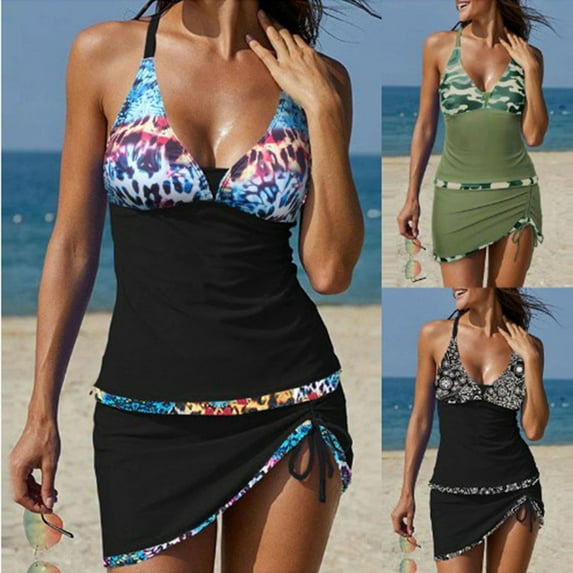Jacenvly Women'S Plus Size Two Piece Clearance New Style Sleeveless Swimsuit Contrast Color V-Neck Surfing Swimwear Comfortable Women'S Printing Two-Piece Set Skirt and Boxers Split Suit Army Green