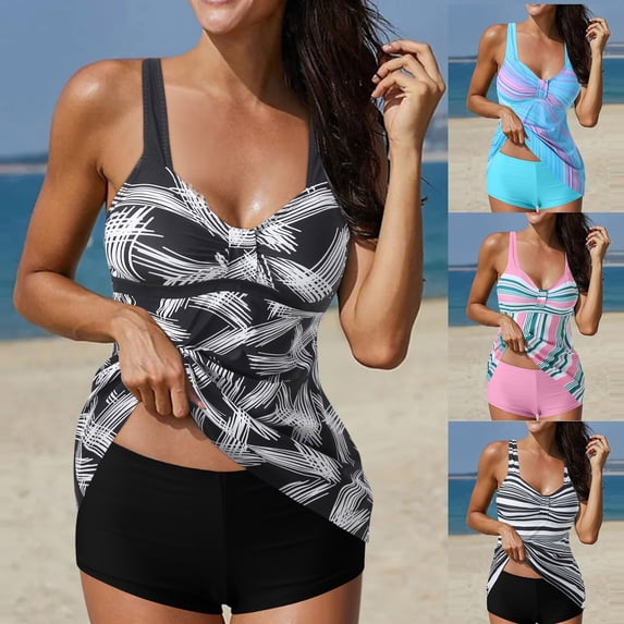 Jacenvly Women'S Plus Size Two Piece Clearance New Style Sleeveless Swimsuits Color Block V-Neck Surfing Swimwear Soft Women Two Piece Suits Floral Print Tank Tops with Boyshorts Swimming Suits White