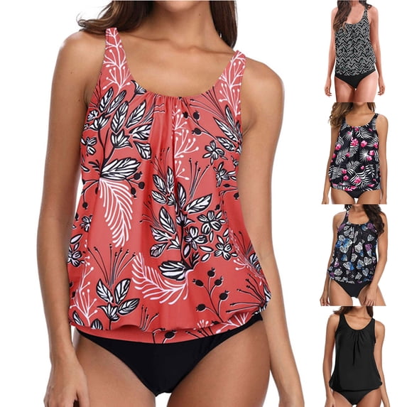 Jacenvly Women'S Plus Size Two Piece New Style Sleeveless Swimsuits Contrast Color Round Neck Surfing Swimwear Skin-Friendly Women'S Bikini Set Swimsuit Two Piece Solid Beachwear Light Blue