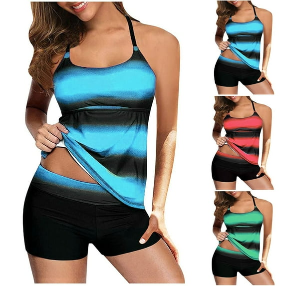 Jacenvly Women'S Plus Size Two Piece New Style Sleeveless Swimsuits Striped Round Neck Surfing Swimwear Skin-Friendly Women Summer Print Strappy Back Set Two Piece Swimsuits Swimdress Blue