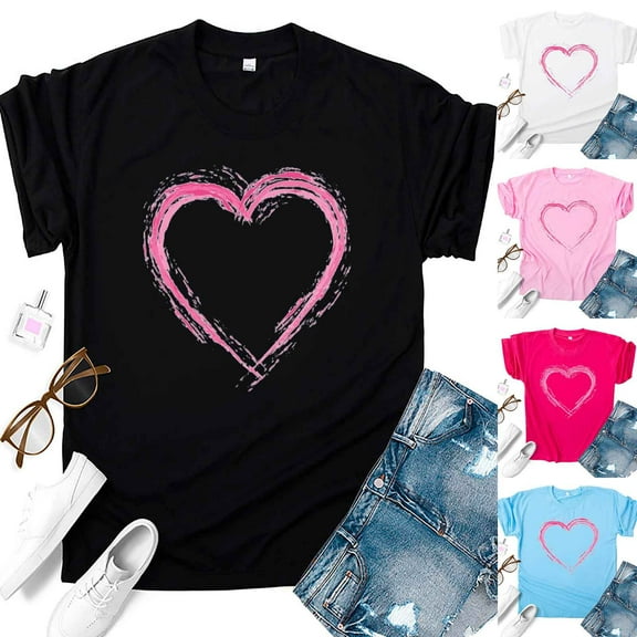 Jacenvly Women'S Valentine'S Day Gift Tops Short Sleeve T Shirts Heart Pattern Crewneck Loose Fashion Women'S Valentine'S Day Love Printed Short Sleeved T-Shirt Top Black