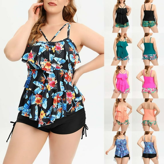 Jacenvly Women Tankini Set Two Piece Cozy Sleeveless Swimsuit Contrast Color Boat Neck Surfing Swimwear Soft Women'S Fashion Large Split Bikini Flat Angle Set Orange