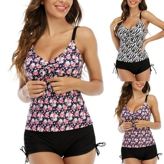 Jacenvly Women Tankini Set Two Piece Fashion Sleeveless Swimsuit Color Block V-Neck Surfing Swimwear Comfortable Women Bikini Chest Pad Without Steel Support Strap Split Beach Pink