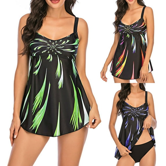 Jacenvly Women Tankini Set Two Piece Fashion Sleeveless Swimsuit Contrast Color Round Neck Surfing Swimwear Quick Drying Women Casual Print Strappy Back Set Two Piece Swimsuits Suit Blue