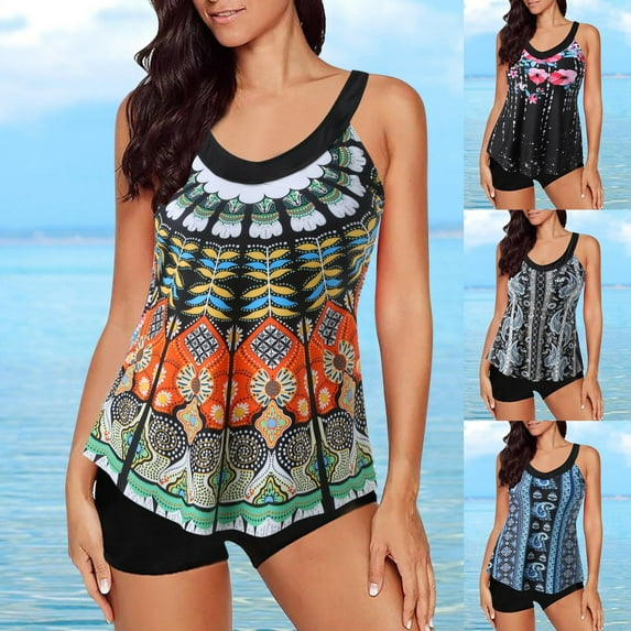 Jacenvly Women Tankini Set Two Piece Fashion Sleeveless Swimsuit Contrast Color V-Neck Surfing Swimwear Satiny Women Two Piece Suits Floral Print Tank with Boyshorts Swimming Suits Black