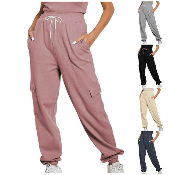 Jacenvly Women's Pants Bundle Foot Long Elastic Waisted Drawstring Pocket Plain Trousers for Women Jogging Pants Casual Sweatpants with Lounge Pants for Workout Running