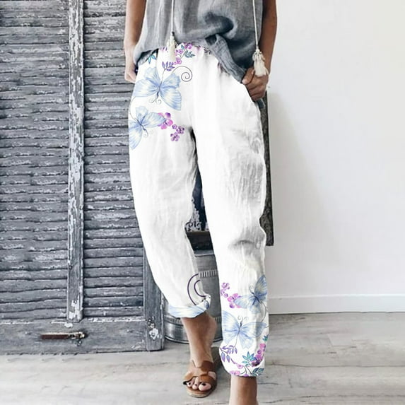 Jacenvly Women's Pants Wide Leg Pants Long Elastic Waisted Pocket Print pants for women Fashion Womens Casual Elastic Waist Loose Trousers Pants