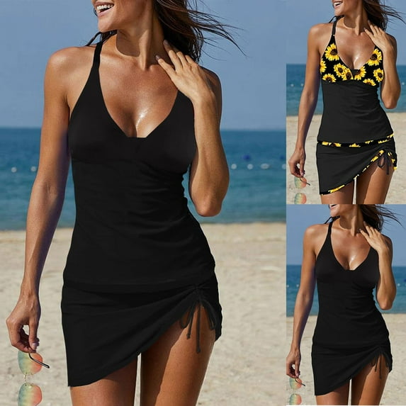 Jacenvly Womens 2-Piece Flounce Swimsuits Cozy Sleeveless Contrast Color V-Neck Surfing Swimwear Skin-Friendly Women Two Piece Floral Print Tank Tops with Boyshorts Swimming Suits Yellow