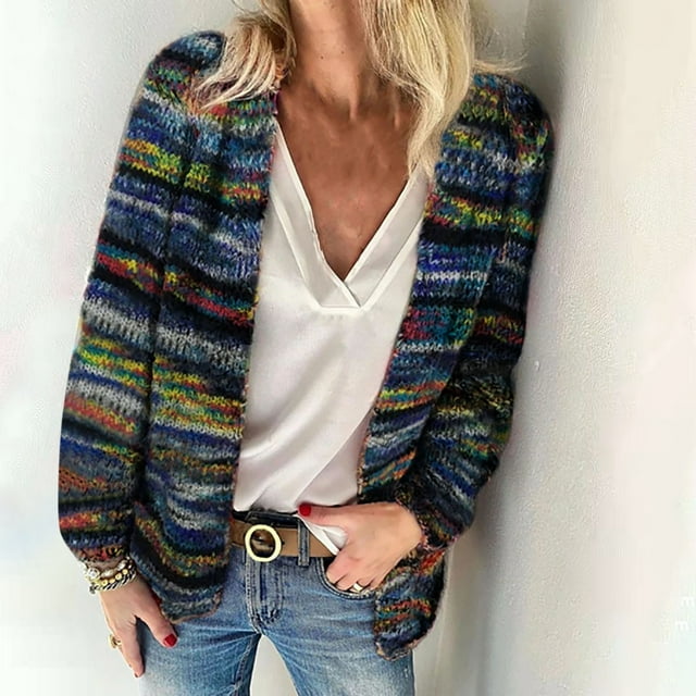 Jacenvly Womens Cardigan Sweaters Long Sleeve Christmas Stripes Knit Winter Coats For Women Soft Warm Long Tops Loose Casual Jacket Blouse