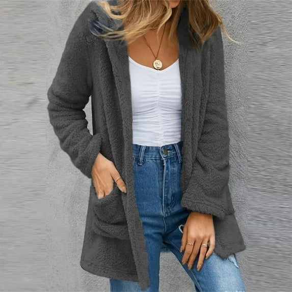Jacenvly Womens Cardigan Sweaters Long Sleeve Solid Knit Winter Coats For Women Soft Warm Thigh Length Tops Loose Casual Pocket Hooded Jacket Blouse