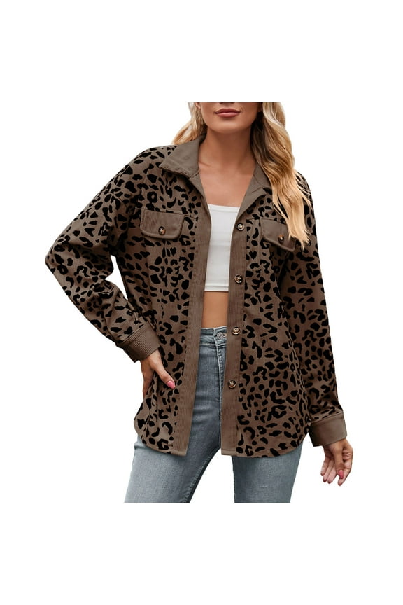 Womens Flannel Jacket Leopard Print Corduroy Jacket Soft Comfortable Long Sleeve Winter Coats Lapels Pocket Button up Shirts for Women Leisure Trendy Mid-Length Tops