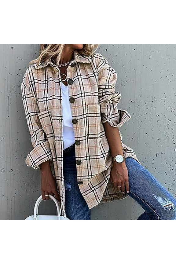 Womens Flannel Jacket Plaid Corduroy Jacket Soft Comfortable Long Sleeve Spring Coats Lapels Pocket Button up Shirts for Women Leisure Fashion Thigh Length Tops