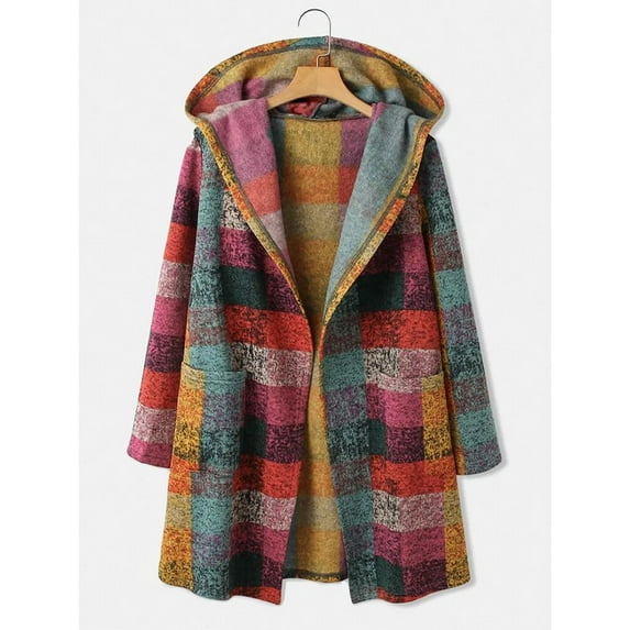 Jacenvly Womens Flannel Jacket Plaid Fleece Jacket Soft Comfortable Long Sleeve Winter Coats Hoodlies Pocket Shirts for Women Loose Cozy Knee Length Tops