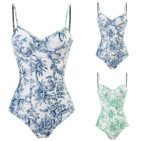 Jacenvly Womens One-Piece Swimsuit Breathable One-Piece Swimsuit Conservative Slimming Retro Printed Swimsuit Steel Bracket Hard Bag Multicolor New Style Womens Swimwear Plus Size Blue