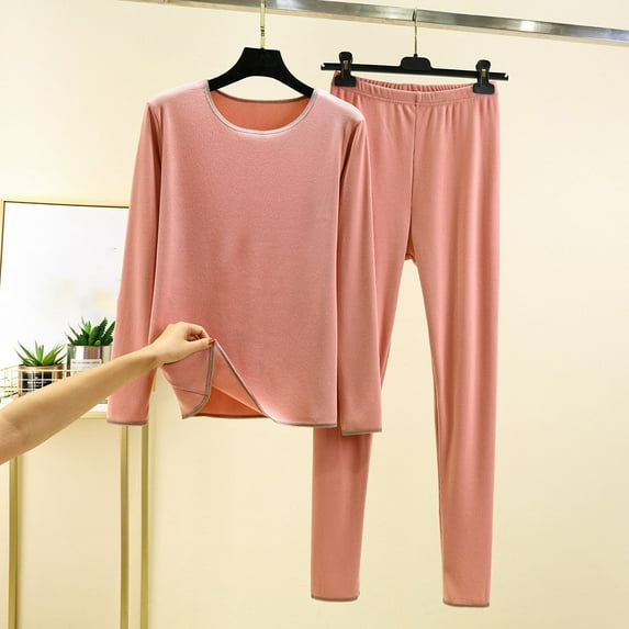 Jacenvly Womens Pajamas Light Breathable Cotton Pajamas for Women Round Neck Warm Solid Color Set with Elastic Large Size and Edging Two-Piece Set Pink