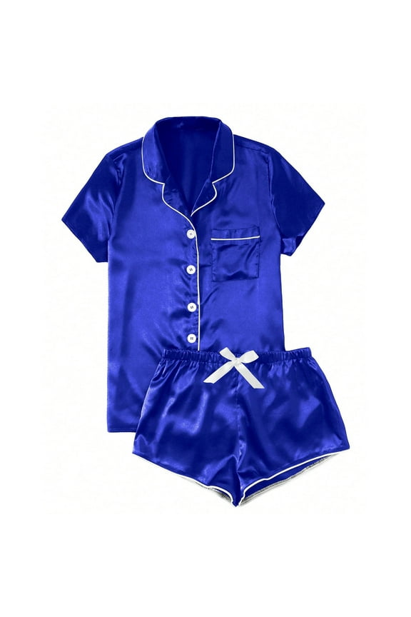 Womens Pajamas Soft Comfortable Cotton Pajamas for Women Satin Home Button Pajama Set Blue
