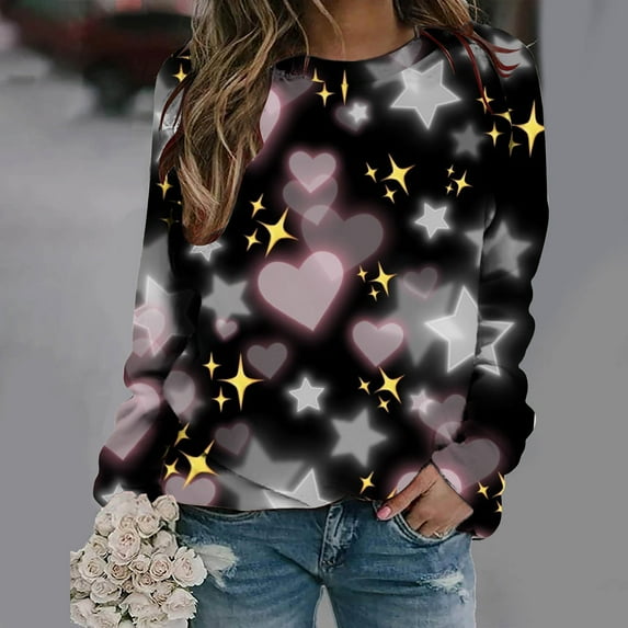 Jacenvly Womens Plus Size T-Shirts Crewneck Sweatshirt New Style Long Sleeve Shirt Soft Comfort Heart Printed Valentine'S Day Printed Blouse Casual Tunic Tops Multicolor
