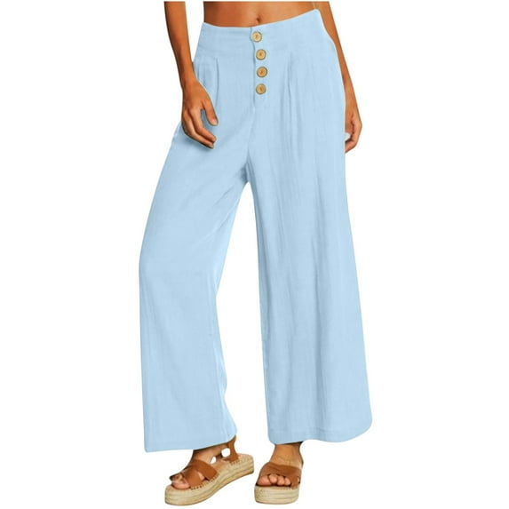 Jacenvly Womens Stretch Denim Capris Leggings Misses Casual Solid High Waist Loose Pocket Straight Buttons Long Pants