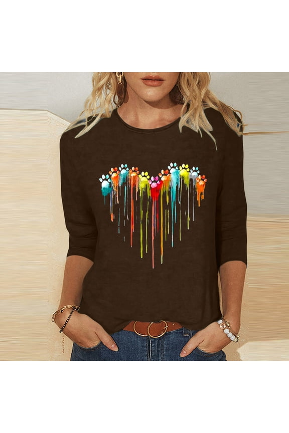 Womens Sweaters Multicolor Print Long Sleeve Round Neck Button Front Sweaters for Women Fashion Three Quarter Sleeve Retro Loose Tops Blouse Three Quarter leeve