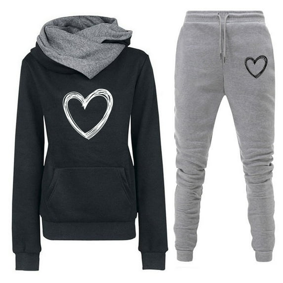 Jacenvly Womens Sweatpants Heart Print Soft Warm Tracksuits Suit Hooded Pocket Pullover Elastic Waisted Long Pants Leisure Trendy 2-Piece Sets Pink