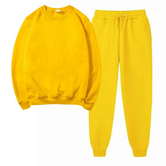 Jacenvly Womens Sweatpants Solid Thickened Warm Tracksuits Suit Crewneck Pullover Elastic Waisted Long Trousers Casual Fashion 2-Piece Sets Yellow