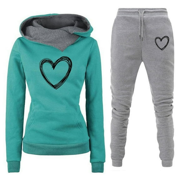 Jacenvly Womens Sweatshirt Heart Print Soft Warm Tracksuit Sets Hooded Pocket Blouse Elastic Waisted Long Pants Leisure Trendy Fall Winter Suit Black