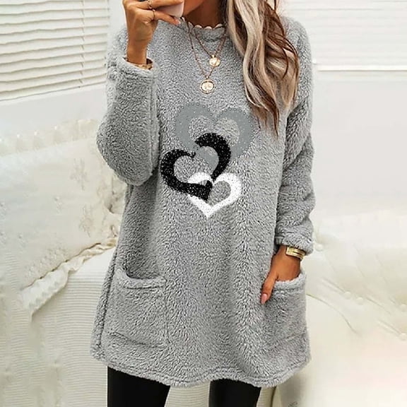 Jacenvly Womens Sweatshirt Long Sleeve Heart-Shaped Print Crewneck Sweatshirt For Women Pocket Trendy Casual Warmth Comfort Fall Tops For Women