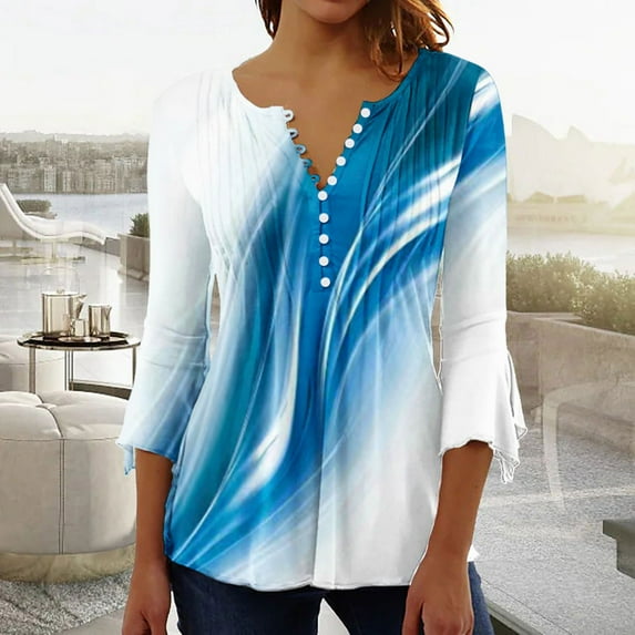 Jacenvly Womens Tops 3/4 Sleeve Misses Fold Printed Regular Misses V Neck Button Tops Summer and Fall Blouse