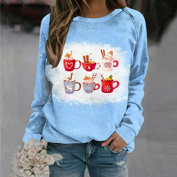 Jacenvly Womens Tops Long Sleeve Plus Size Clearance Crewneck Sweatshirt Cozy Long Sleeve Shirt Skin-Friendly Print Women Casual Full Sleeve Tops Loose Shirts Blouse Valentine'S Day Graphic Sky Blue