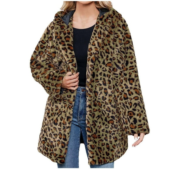 Jacenvly Womens Winter Coats Leopard Print Plush Jacket Thickened Warm Long Sleeve Outerwear Hoodlies Pocket Jacket Casual Trendy Long Tops