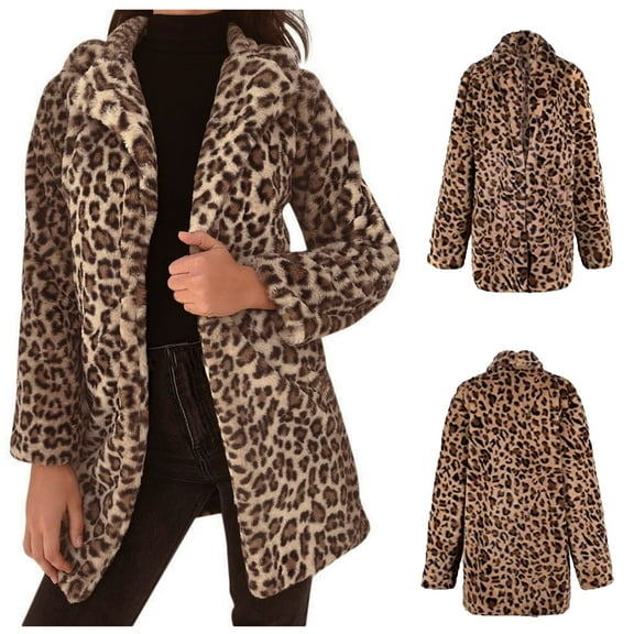 Jacenvly Womens Winter Coats Leopard Print Plush Jacket Thickened Warm Long Sleeve Outerwear Lapels 1 Jacket Casual Trendy Thigh Length Tops