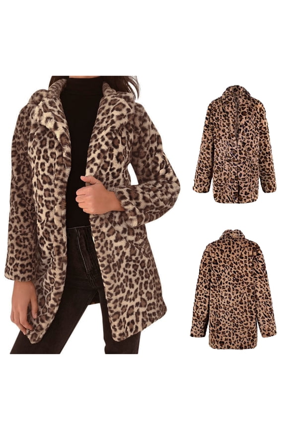 Womens Winter Coats Leopard Print Plush Jacket Thickened Warm Long Sleeve Outerwear Lapels 1 Jacket Casual Trendy Thigh Length Tops
