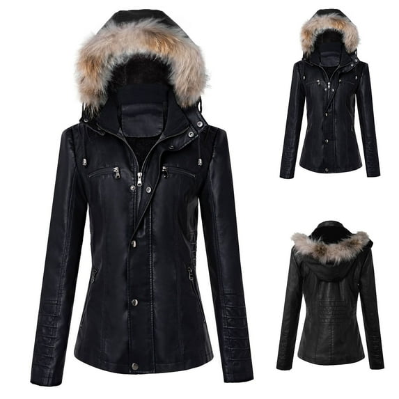 Jacenvly Womens Winter Coats Solid Leather Jacket Windproof Long Sleeve Overcoat Hoodlies Zip-Up Pocket Jacket Leisure Fashion Thigh Length Blouse