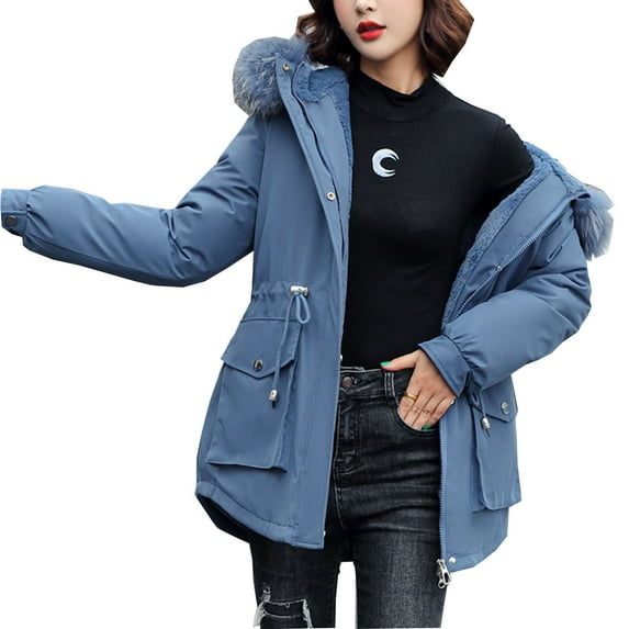 Jacenvly Womens Winter Coats Solid Quilted Jackets Thickened Warm Long Sleeve Outerwear Drawstring Hoodlies Zip-Up Pocket Jacket Casual Trendy Thigh Length Tops