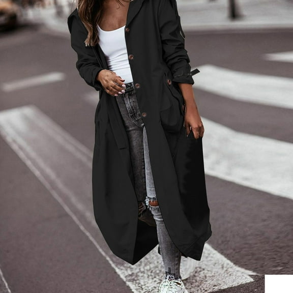 Jacenvly Womens Winter Coats Solid Rain Jacket Women Comfort Warmth Long Sleeve Overcoat Lapels Button Pocket Jacket Leisure Fashion Below The Knee Blouse