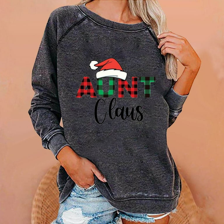 Jacenvly Workout Tops For Women Clearance Long Sleeve Christmas Hat Print  Crewneck Sweatshirt For Women Loose Casual Comfort Warmth Pullover Sweaters  