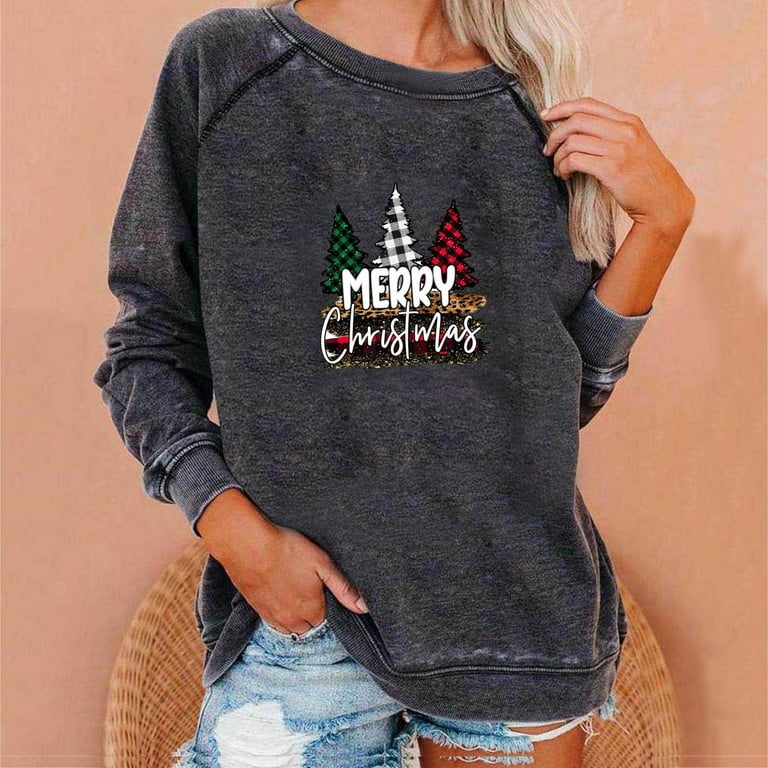 Jacenvly Workout Tops For Women Clearance Long Sleeve Christmas Print  Crewneck Sweatshirt For Women Loose Casual Comfort Warmth Pullover Sweaters  
