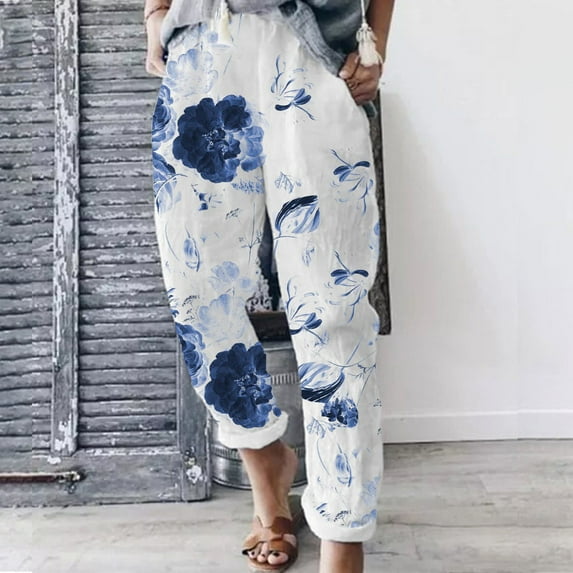 Jacenvly linen pants women Wide Leg Pants Long Elastic Waisted Pocket Print Trouser Pants for Women Fashion Womens Casual Elastic Waist Loose Trousers Pants