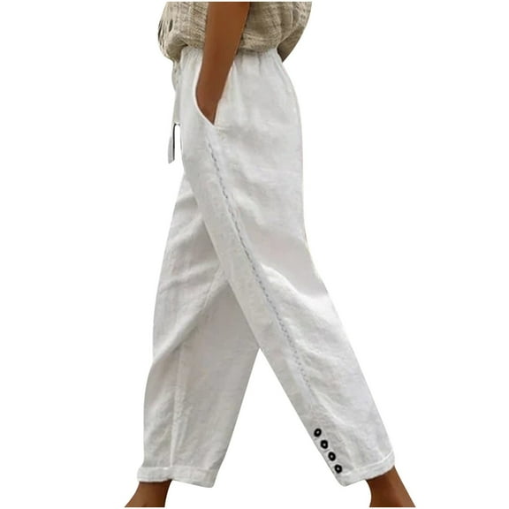 Jacenvly linen pants women Wide Leg Pants Long High Waisted Pocket Plain Women's Pants Solid Color Casual Slim High Elastic Waist Hypotenuse Sports Cotton and Linen Pants